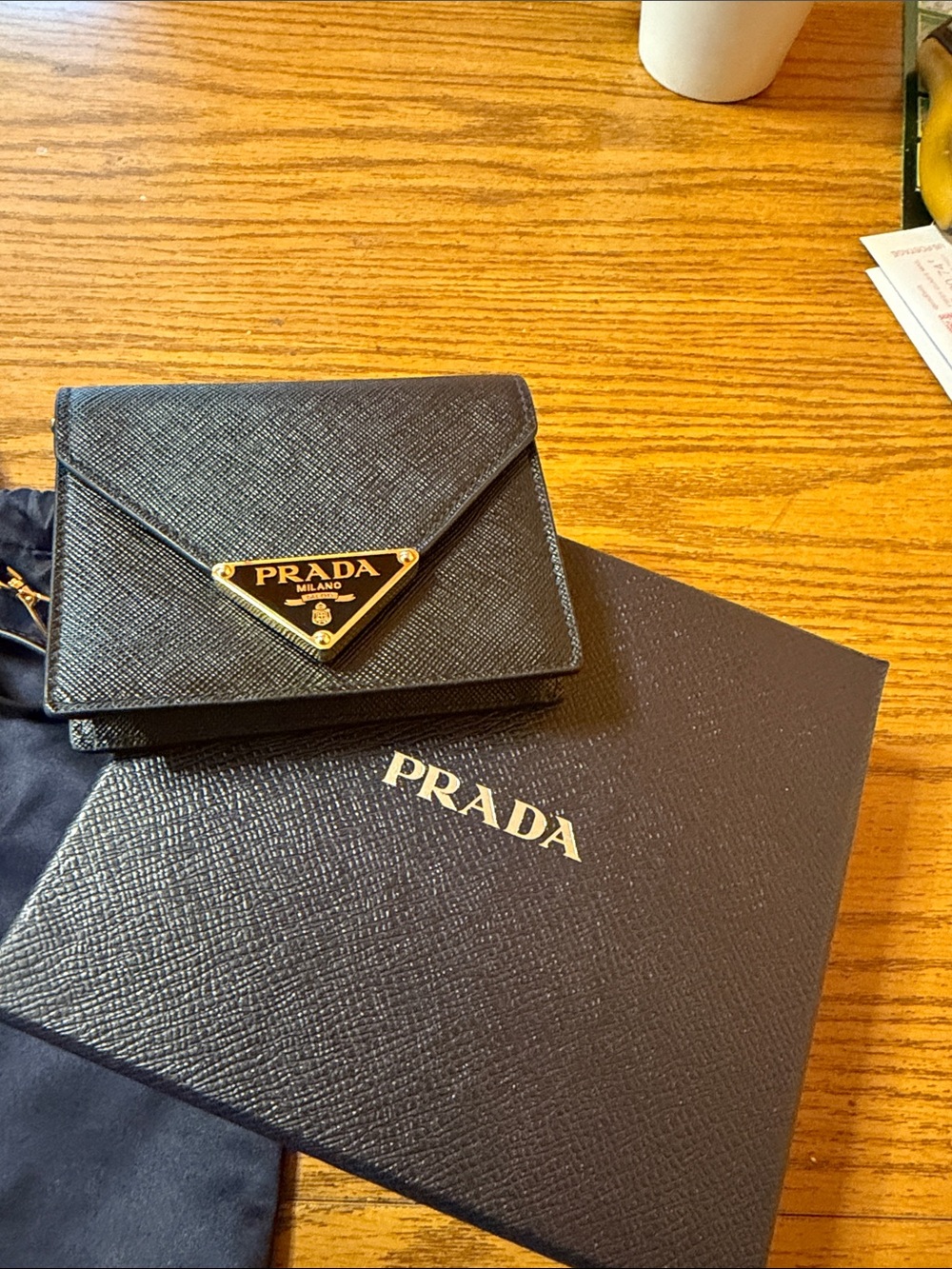 Prada Black Leather Crossbody Wallet with Gold Logo card holder on chain so cute - Picture 8 of 11